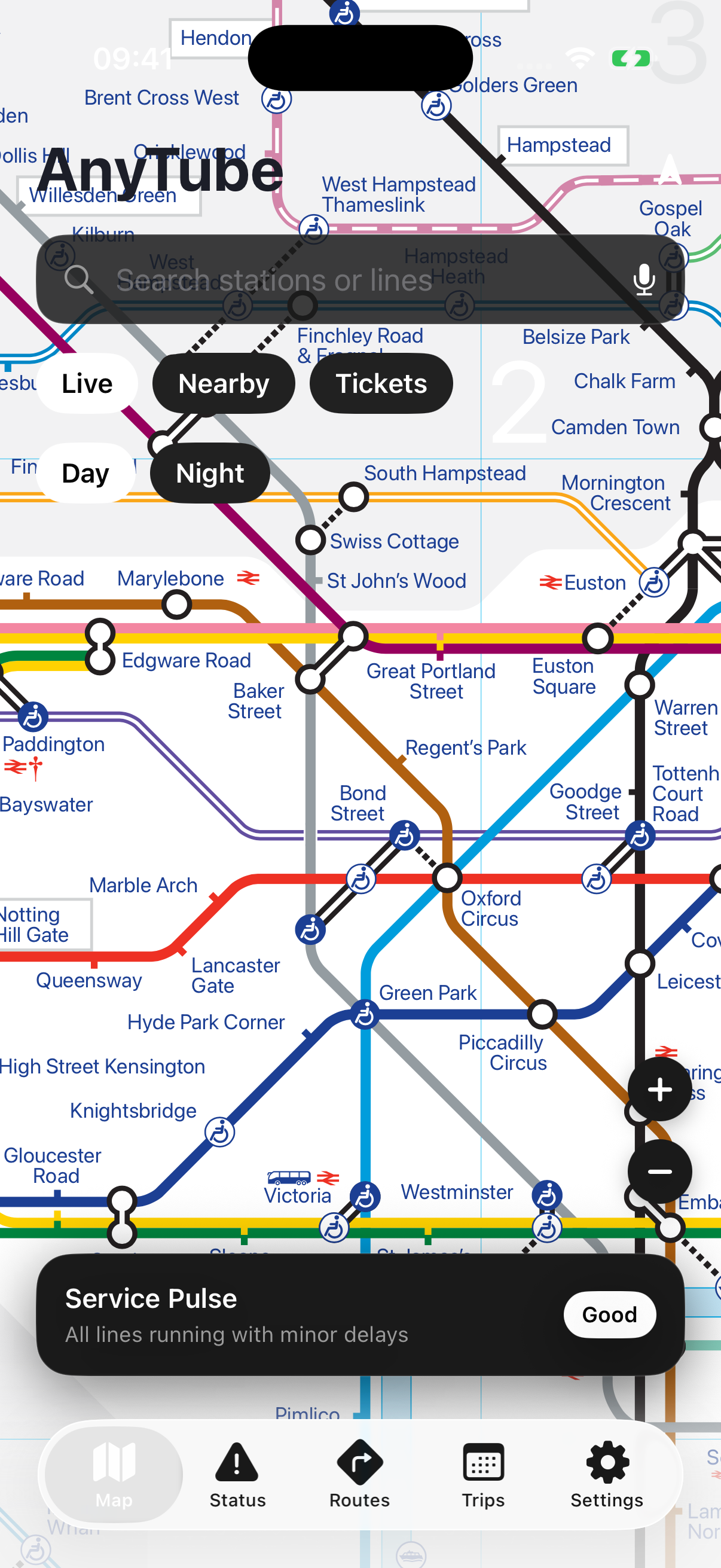 AnyTube showing its London Tube map and service pulse on an iPhone